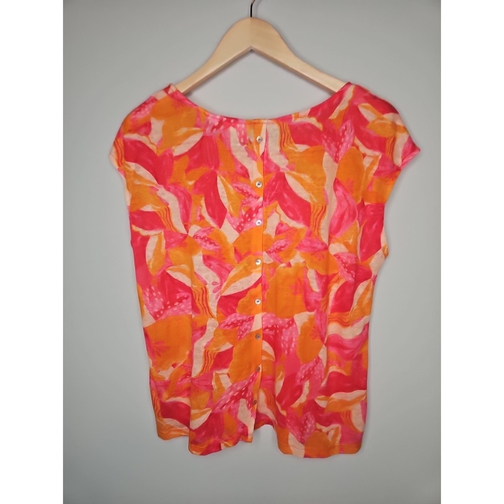 Cynthia Rowley Top M Orange Pink Floral Linen Boxy Pearl Button Back Beach Artsy